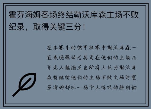 霍芬海姆客场终结勒沃库森主场不败纪录，取得关键三分！