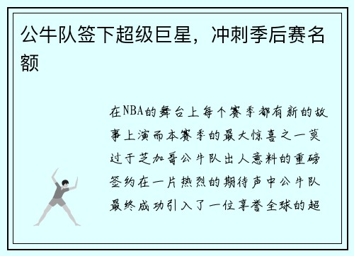 公牛队签下超级巨星，冲刺季后赛名额