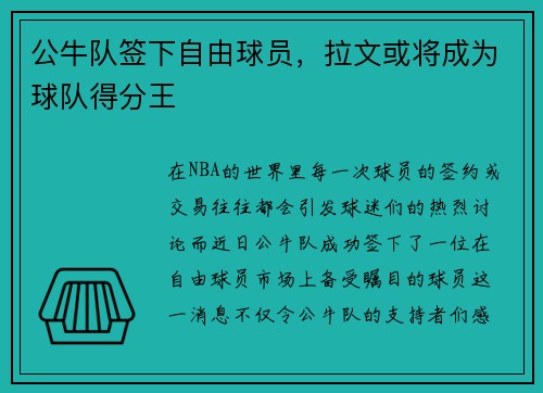 公牛队签下自由球员，拉文或将成为球队得分王