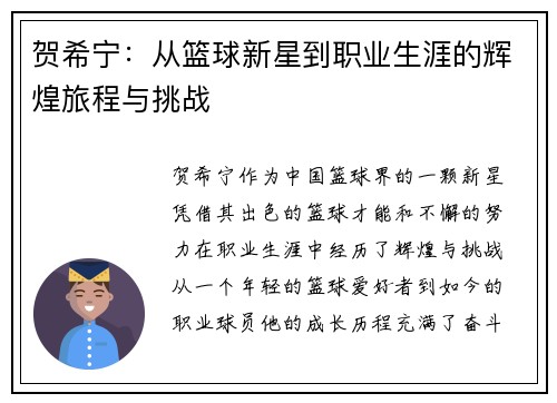 贺希宁：从篮球新星到职业生涯的辉煌旅程与挑战