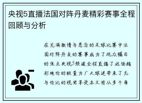 央视5直播法国对阵丹麦精彩赛事全程回顾与分析