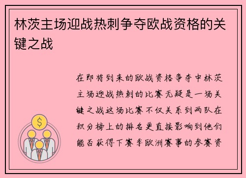 林茨主场迎战热刺争夺欧战资格的关键之战