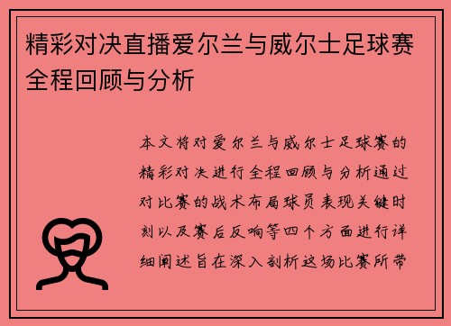 精彩对决直播爱尔兰与威尔士足球赛全程回顾与分析