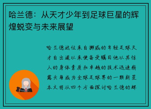 哈兰德：从天才少年到足球巨星的辉煌蜕变与未来展望