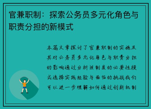 官兼职制：探索公务员多元化角色与职责分担的新模式