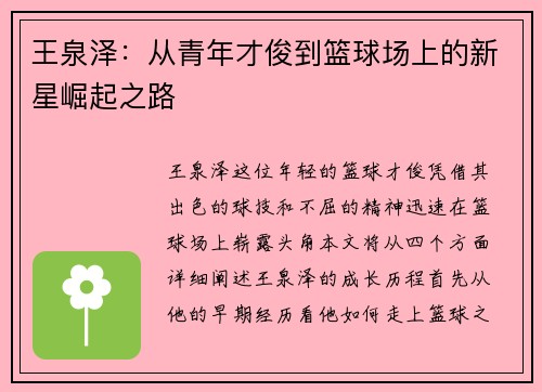 王泉泽：从青年才俊到篮球场上的新星崛起之路