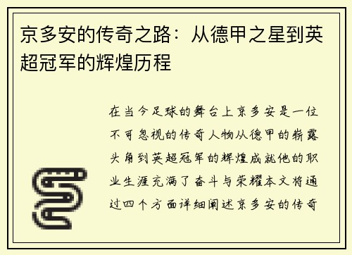 京多安的传奇之路：从德甲之星到英超冠军的辉煌历程