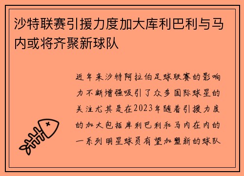 沙特联赛引援力度加大库利巴利与马内或将齐聚新球队