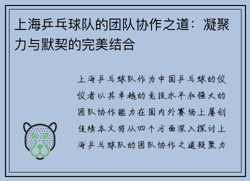 上海乒乓球队的团队协作之道：凝聚力与默契的完美结合