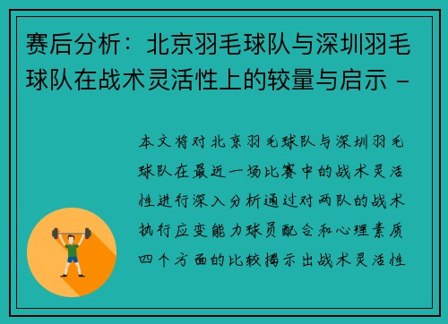 赛后分析：北京羽毛球队与深圳羽毛球队在战术灵活性上的较量与启示 - 副本