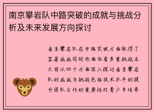 南京攀岩队中路突破的成就与挑战分析及未来发展方向探讨