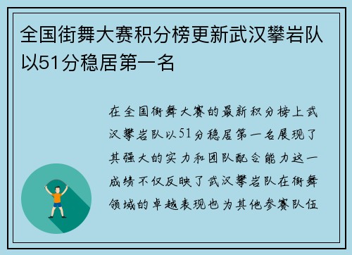 全国街舞大赛积分榜更新武汉攀岩队以51分稳居第一名